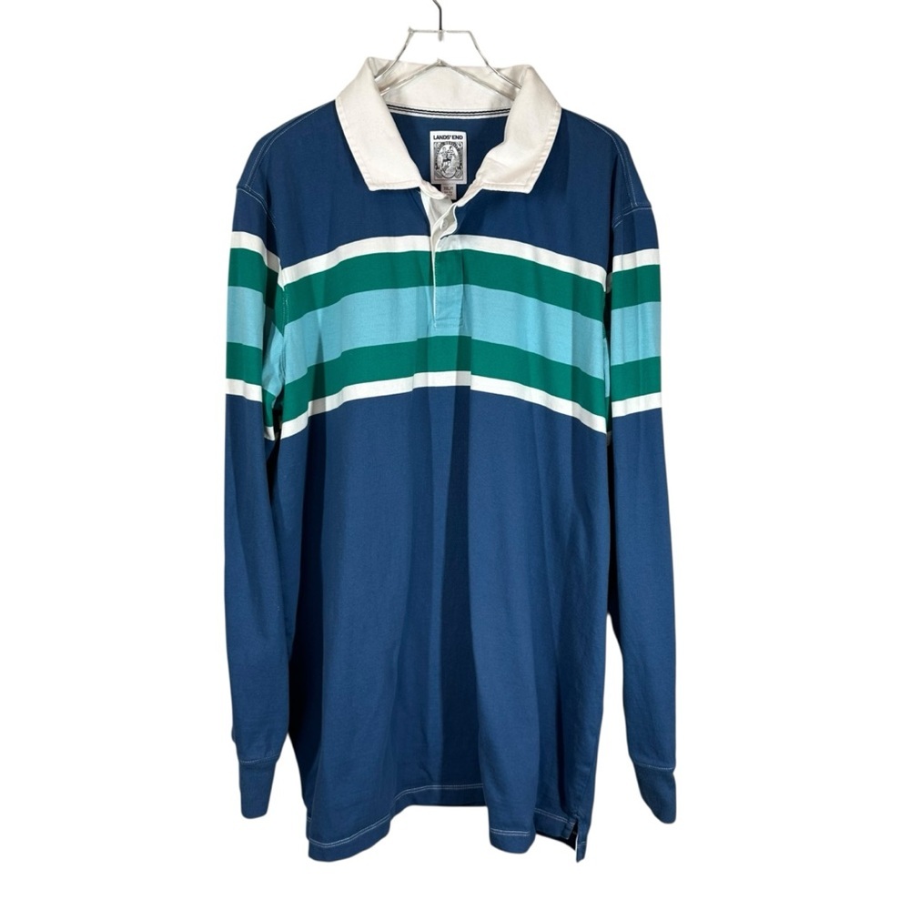 LAND'S END Men's 3XL/Tall Blue Green Stripe Long Sleeve Classic Rugby Shirt